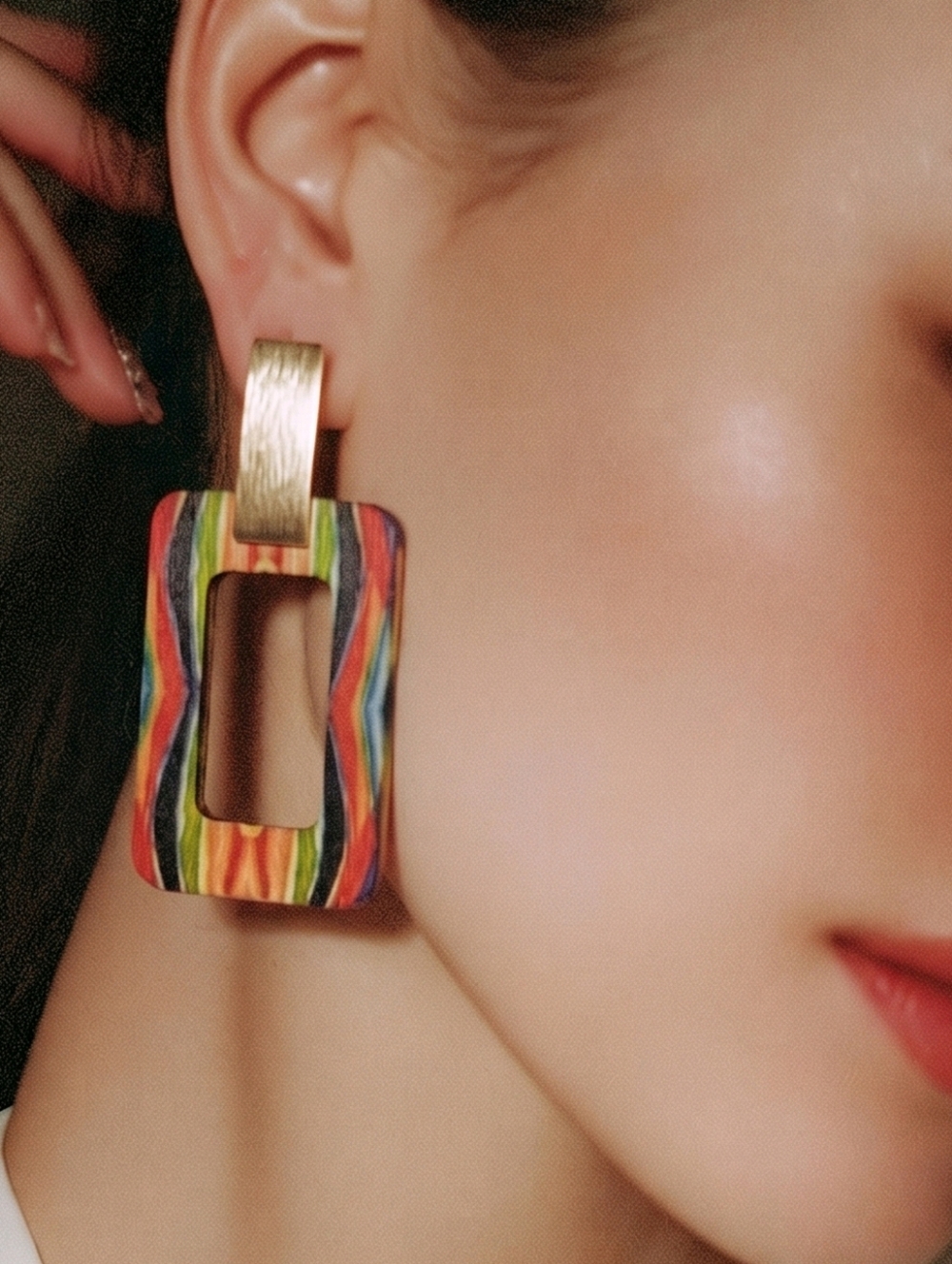 Watercolor Tie-Dye Striped Wooden Rectangle Hoop Earrings Boho Art Jewelry NWT